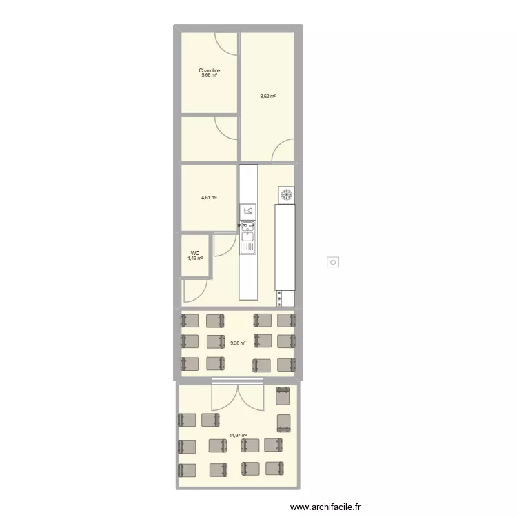LOCAL CREPERIE. Plan de 7 Pièces et 61 m²