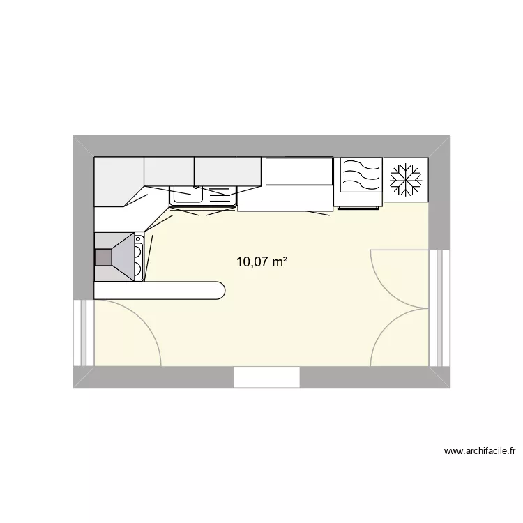 cuisine. Plan de 1  et 10 m²