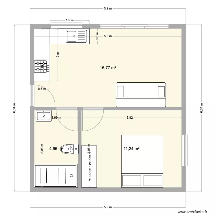 F2 Moorea. Plan de 4  et 56 m²