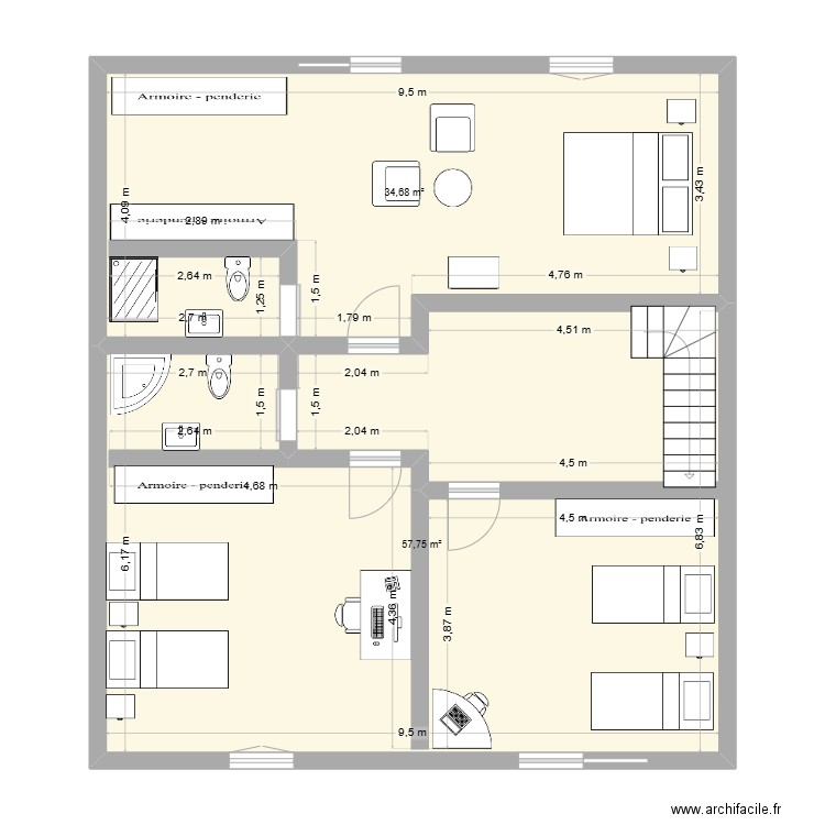 1er étage. Plan de 2 pièces et 92 m2