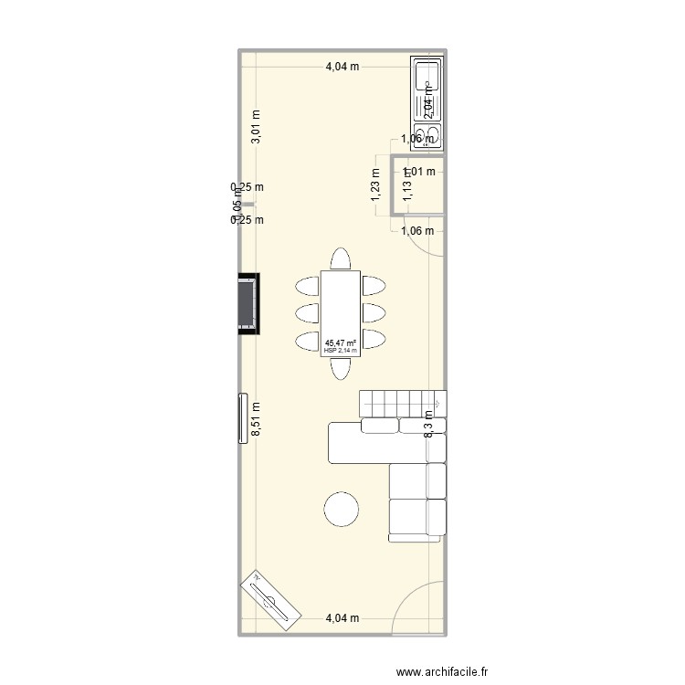 Rez Bomal. Plan de 2 pièces et 47 m2