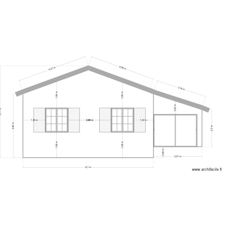 Avant projet façade OUEST. Plan de 2 pièces et 46 m2