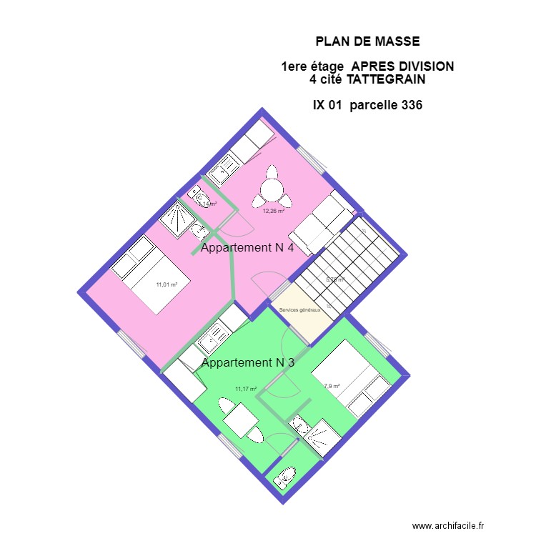 TATTEGRAIN plan de masse 1er étage  APRES DIVISION. Plan de 6 pièces et 49 m2