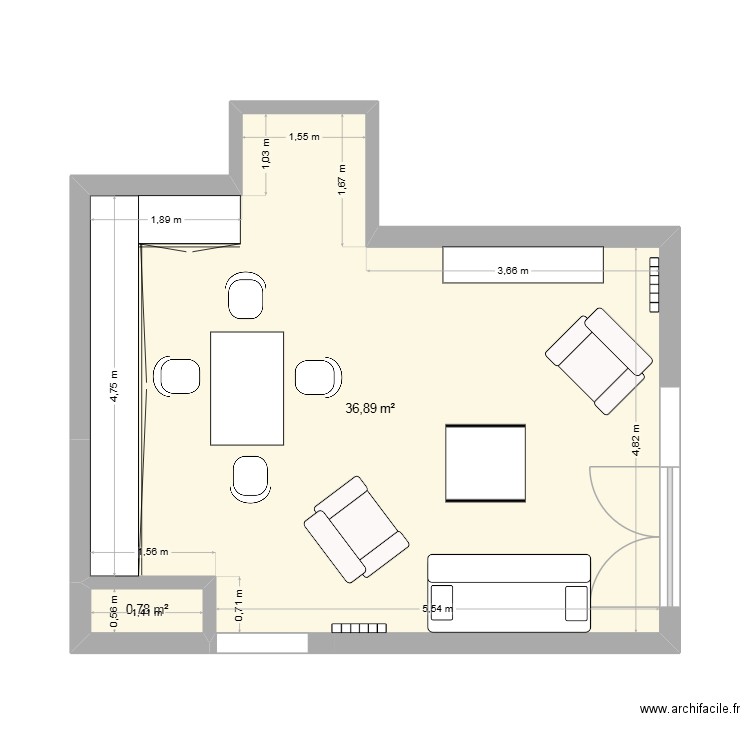 Pièce de vie. Plan de 2 pièces et 38 m2