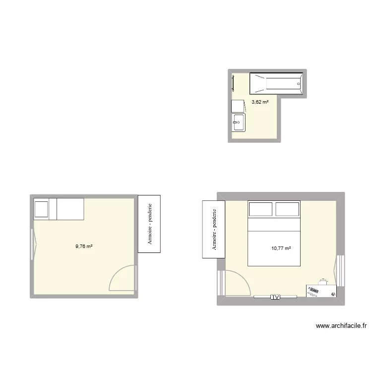 Chambre parentale. Plan de 3  et 24 m²