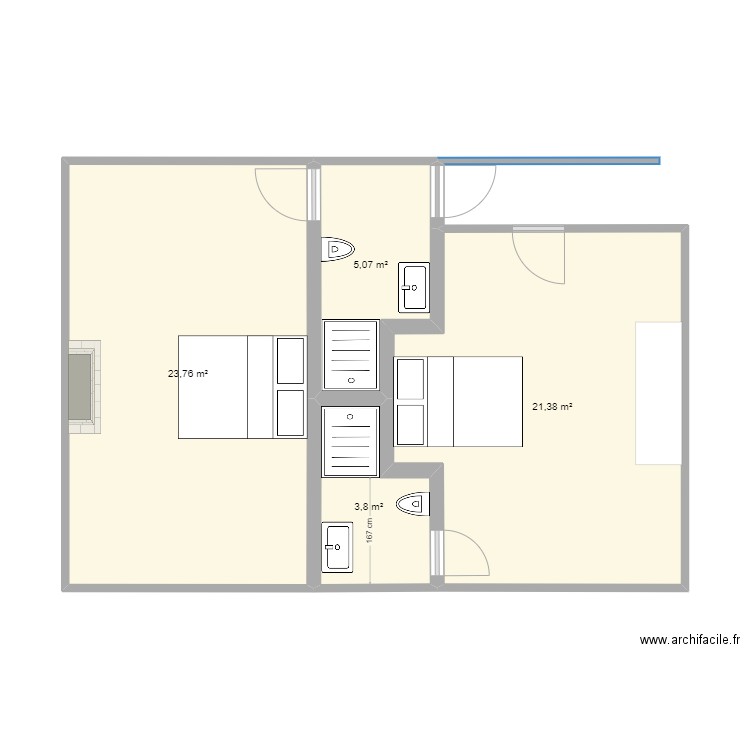 SDB WC 2. Plan de 4 pièces et 54 m2