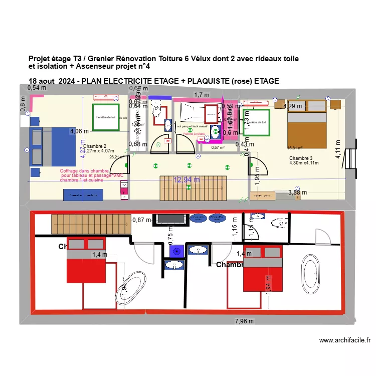 Projet 2 ETAGE T4 2 chambres avec sdb baignoire- 18 08 2024. Plan de 