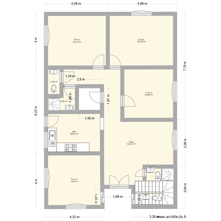 Maison 1. Plan de 8 pièces et 107 m2
