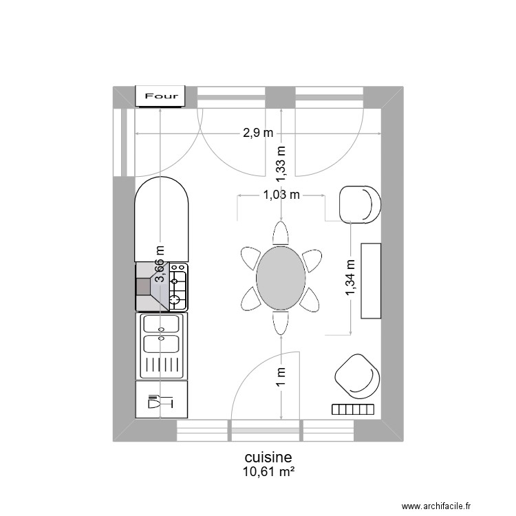 cuisine. Plan de 1 pièce et 11 m2