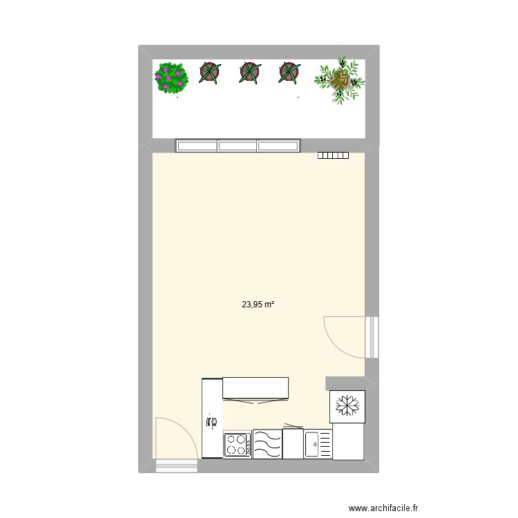 SALON CUISINE OUVERTE BALCON. Plan de 1 pièce et 24 m2