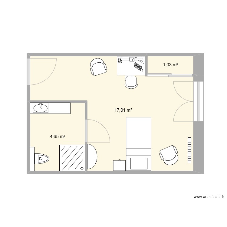 chambre 408 pré saint jean. Plan de 3 pièces et 23 m2