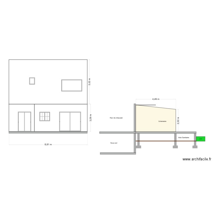 PLAN FACADE plus extension. Plan de 0 pièce et 0 m2