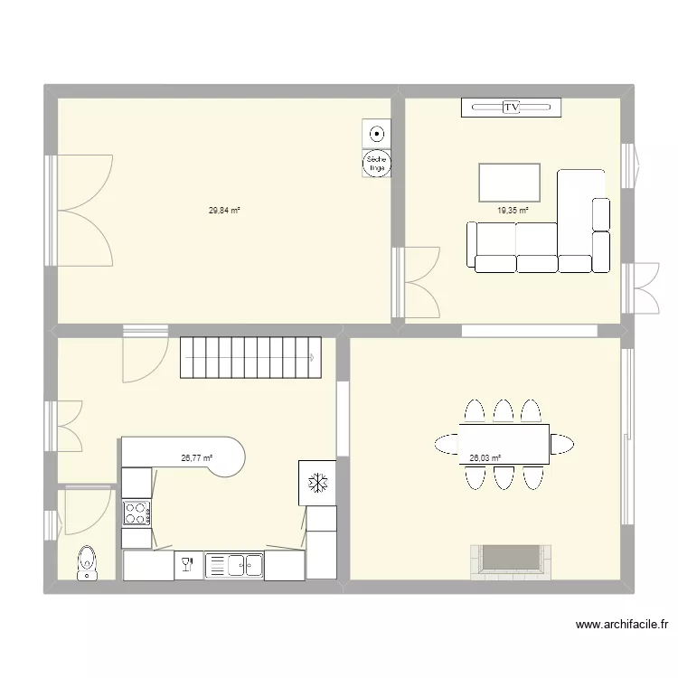 RDC + cuisine et wc//. Plan de 