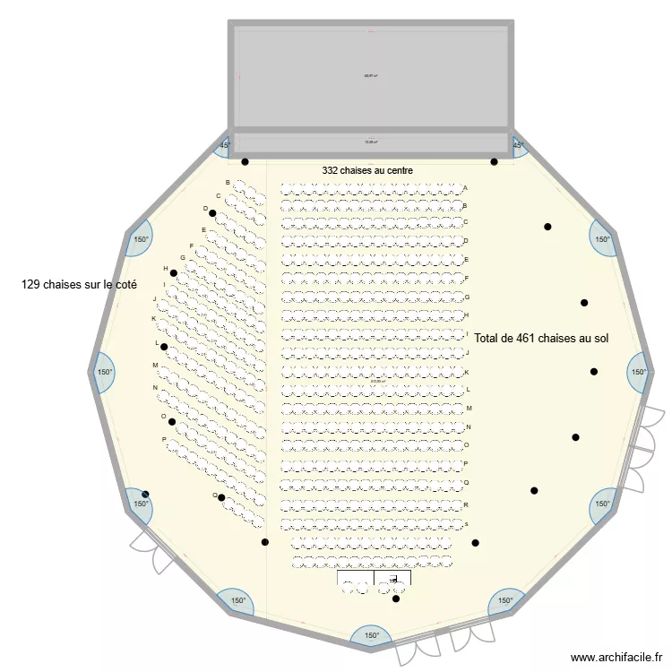Grande salle avec pav&eacute; de chaises 129 chaises cot&eacute; + pav&eacute; central. Plan de 3  et 590 m²
