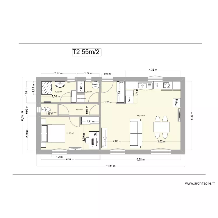 T2 WC separer. Plan de 6  et 57 m²