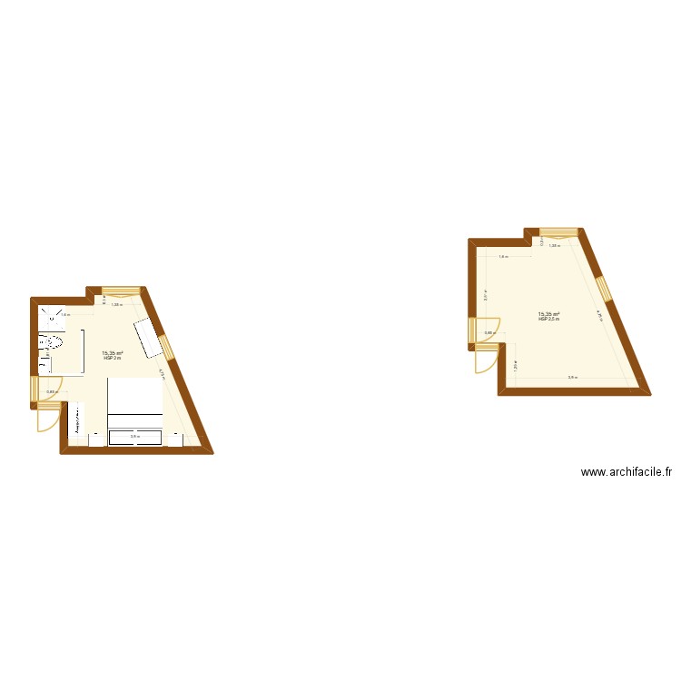 chambre du bas. Plan de 2 pièces et 31 m2