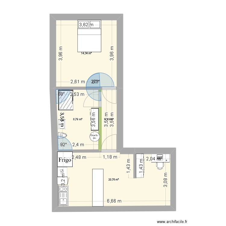 extention en longueur. Plan de 4 pièces et 47 m2