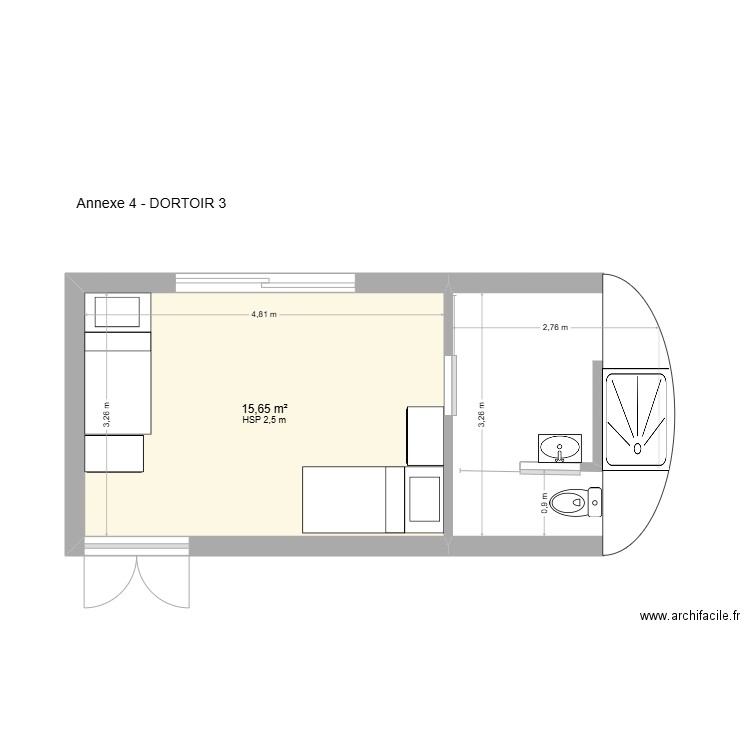 DORTOIR 3. Plan de 1 pièce et 16 m2