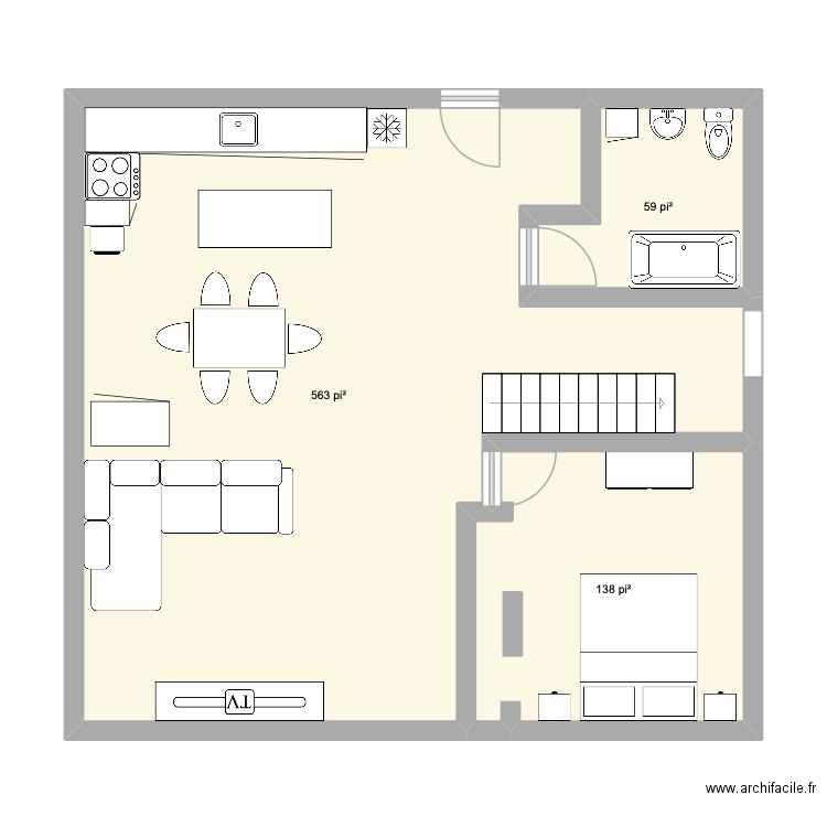 rez de chaussé. Plan de 3 pièces et 71 m2