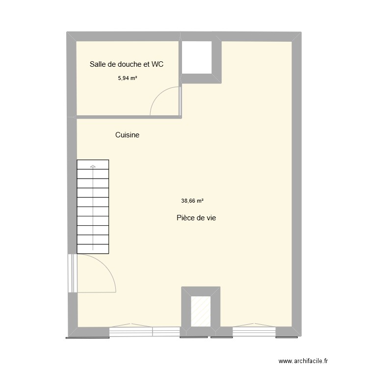 rdc maison la grotte. Plan de 3 pièces et 45 m2