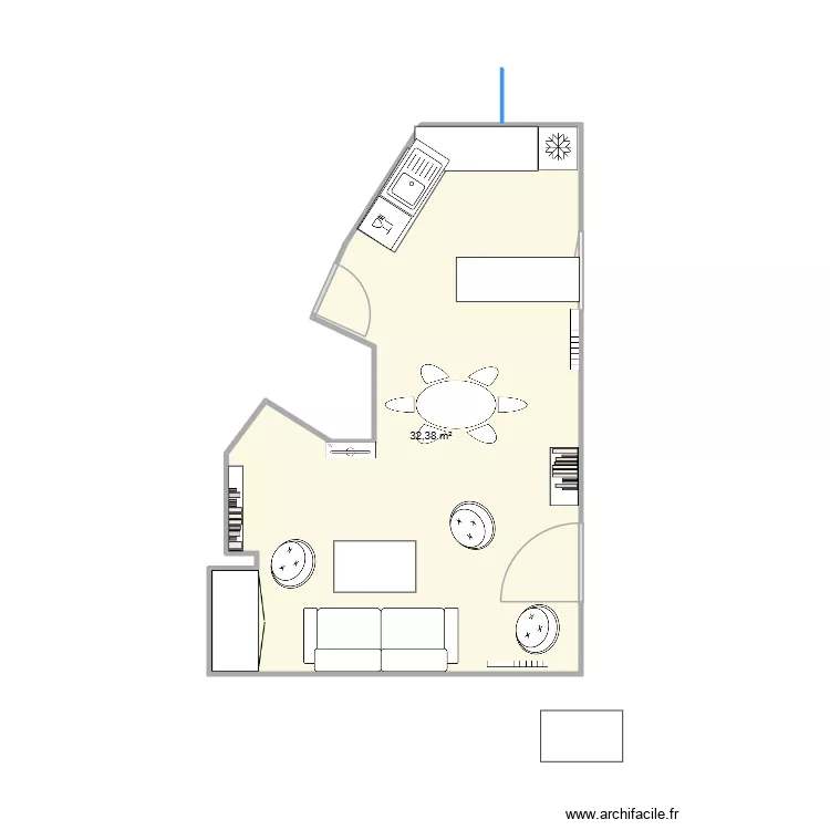 chambre, cuisine, SdB. Plan de 