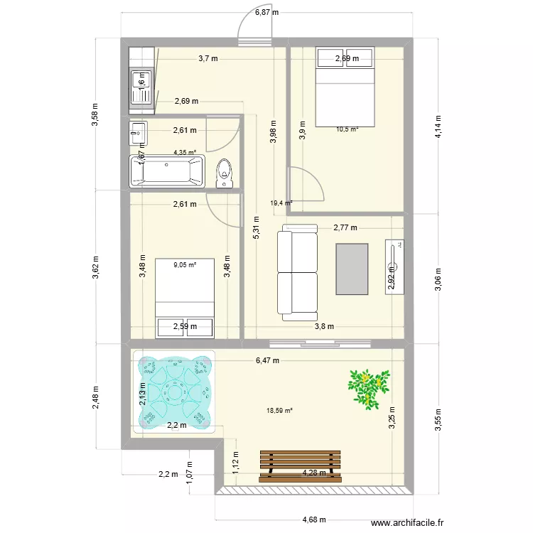 palm. Plan de 5  et 62 m²