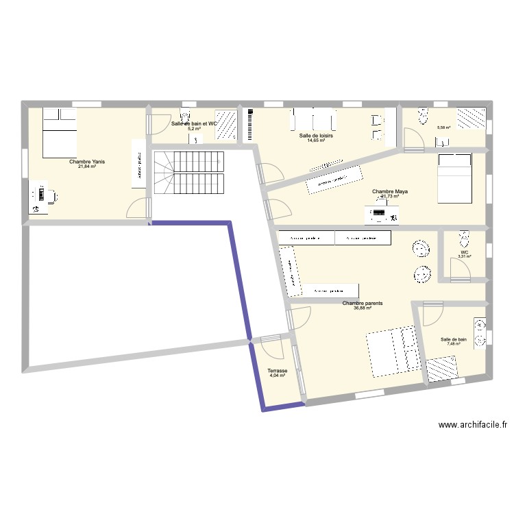 Etage projet v2. Plan de 9 pièces et 121 m2