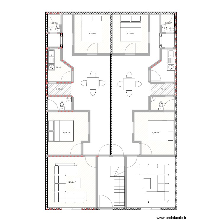 pjrs. Plan de 11 pièces et 61 m2