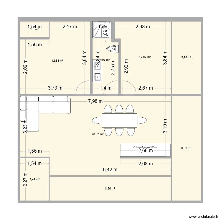 comle. Plan de 9 pièces et 88 m2
