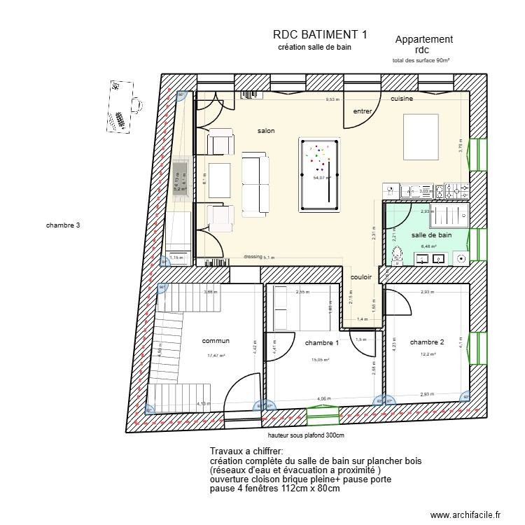 RDC B1 T3 grand salon + placard. Plan de 6 pièces et 110 m2