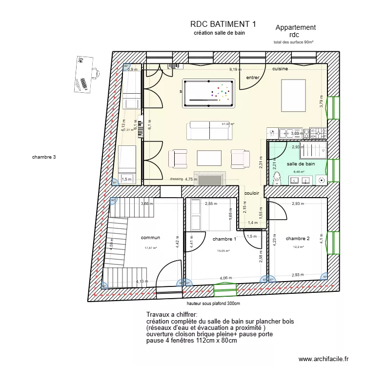 RDC B1 T3 grand salon + placard. Plan de 6  et 110 m²
