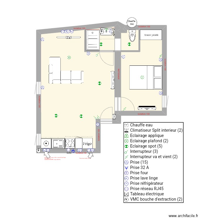 flamande. Plan de 5 pièces et 38 m2