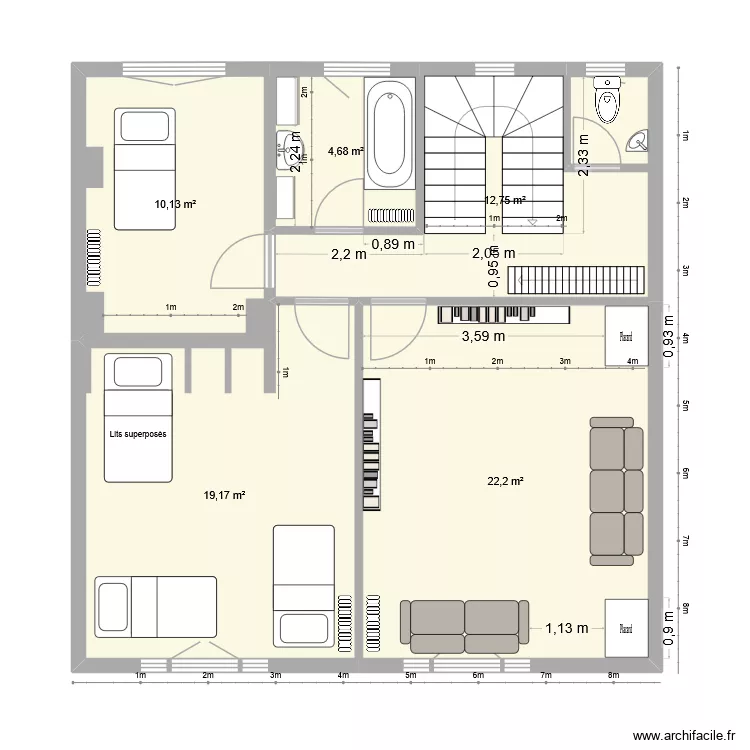Temple 1er &eacute;tage V3. Plan de 5  et 69 m²