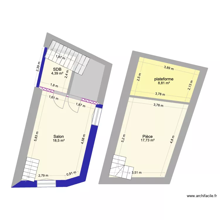 RDC. Plan de 5  et 54 m²