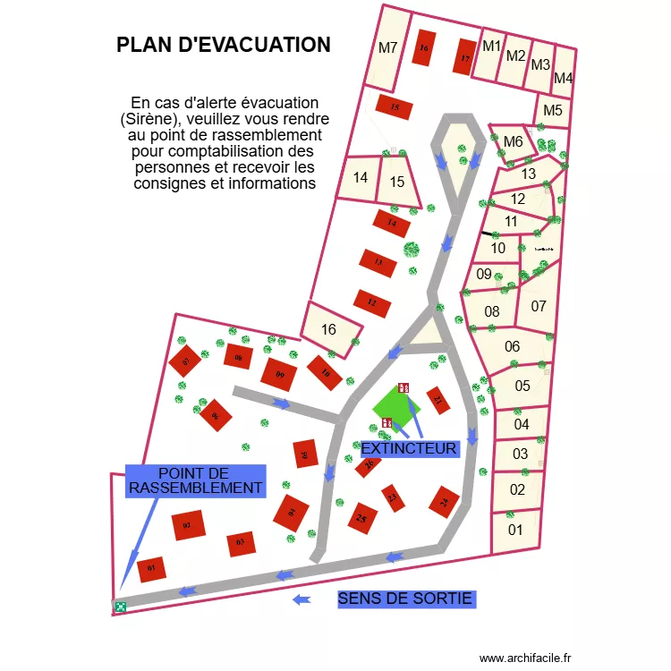 aire saisonnier VB plan d'&eacute;vacuation. Plan de 24  et 1984 m²