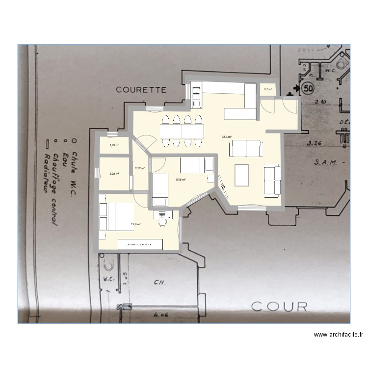 appart test. Plan de 7 pièces et 68 m2