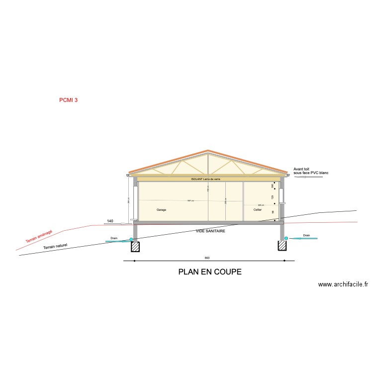 plan en coupe maison principale. Plan de 4 pièces et 36 m2