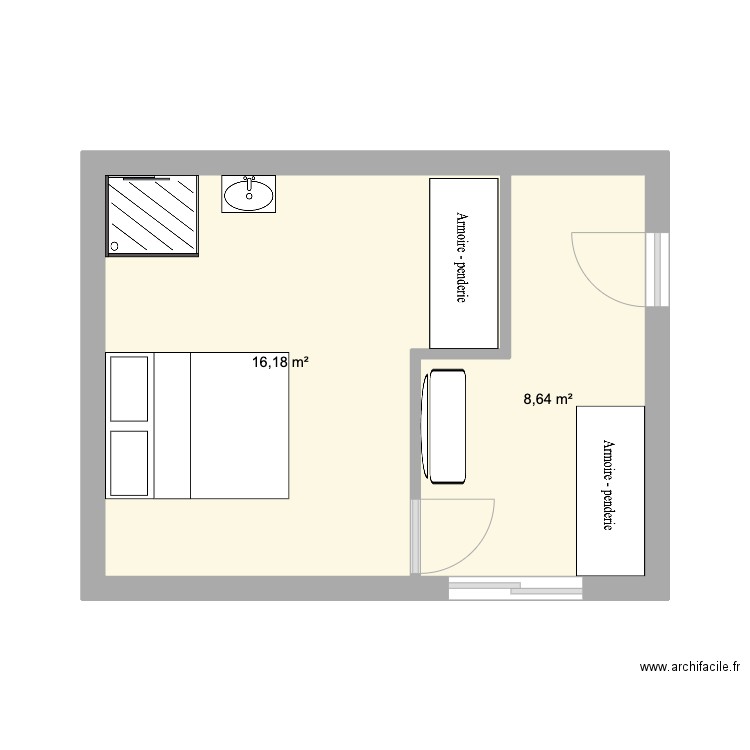 chambre. Plan de 2 pièces et 25 m2