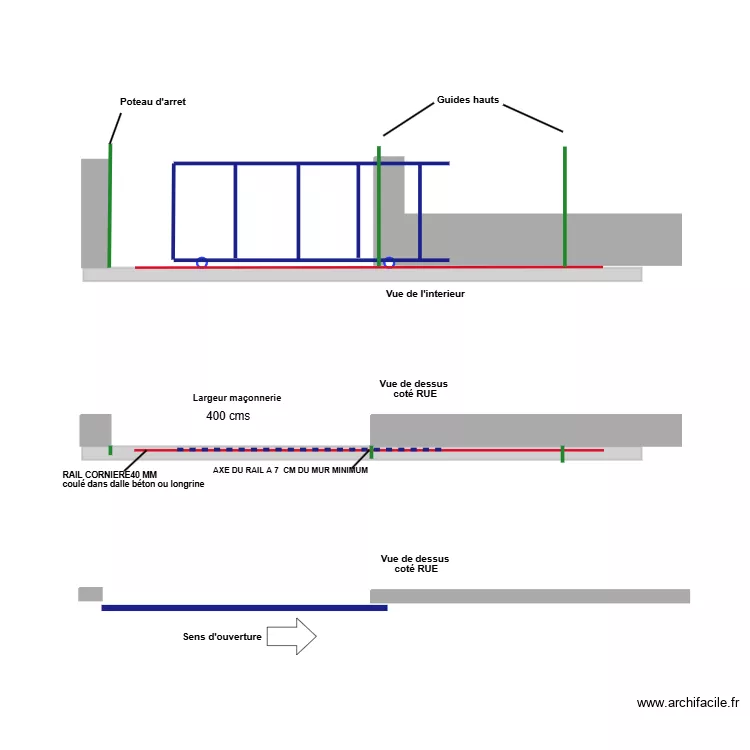 plan pose rail ma&ccedil;onneries 4 m ouverture a droite sans portillon. Plan de 