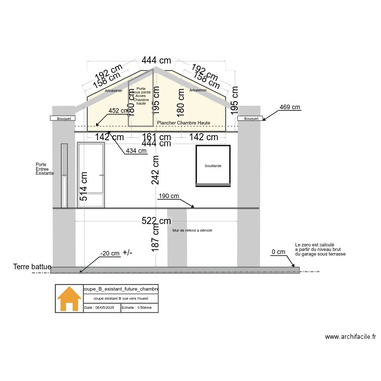 coupe_B_existant_future_chambre. Plan de 0 pièce et 0 m2