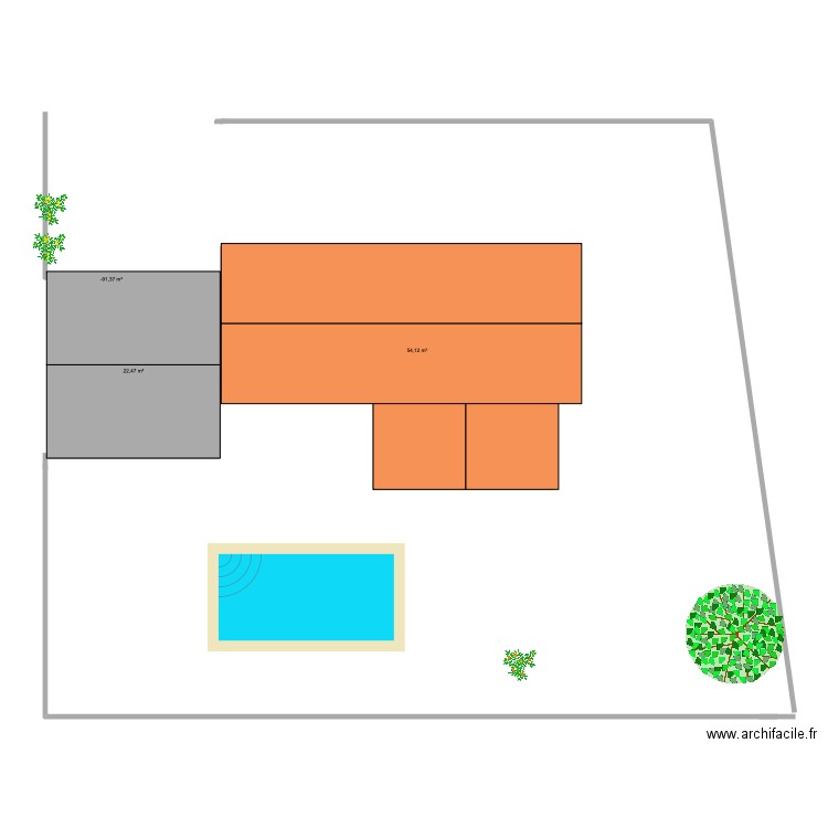 un plan de masse. Plan de 3 pièces et 77 m2