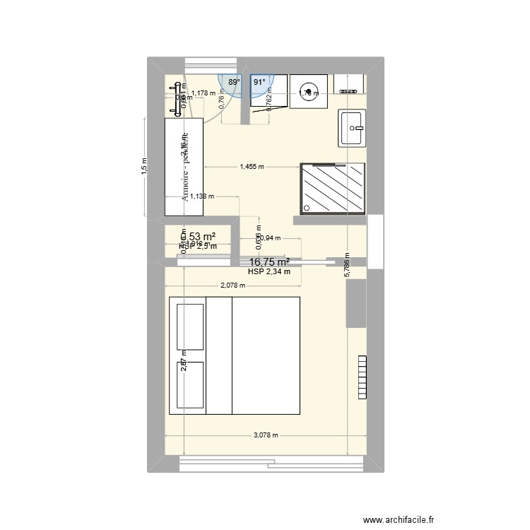SDB + Chambre. Plan de 2 pièces et 17 m2