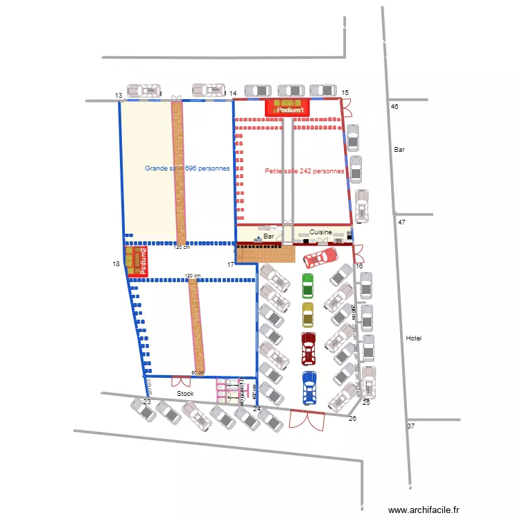 Ameublement des 2 salles. Plan de 