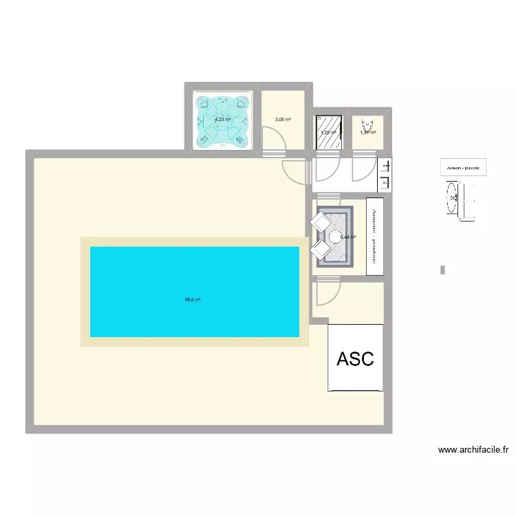 pool. Plan de 6  et 113 m²