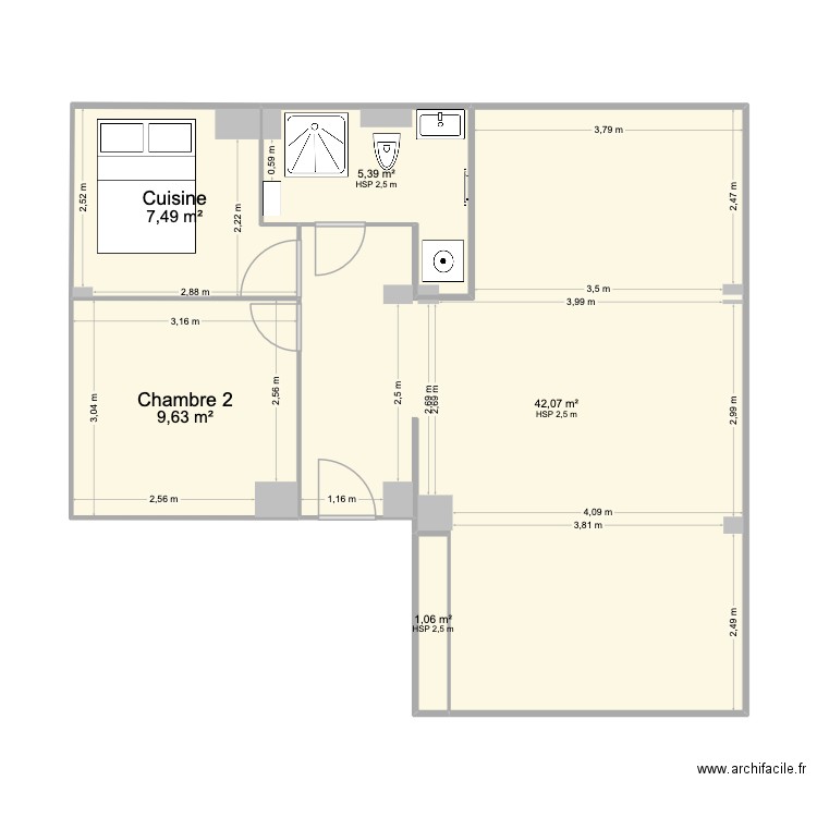 Appartement 2 (SDB cassée) v2. Plan de 5 pièces et 66 m2