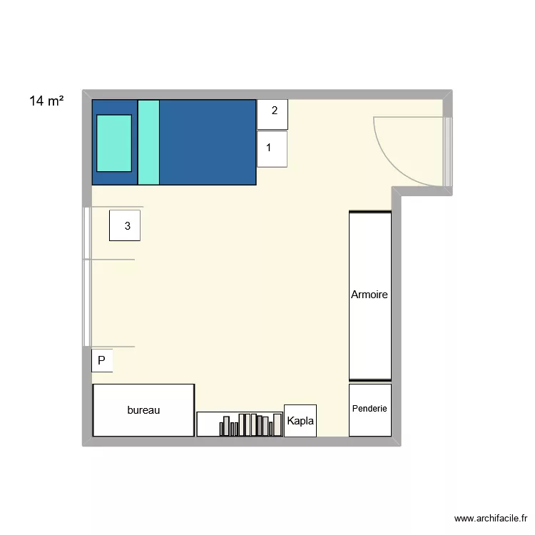 Chambre de S. Plan de 1  et 14 m²