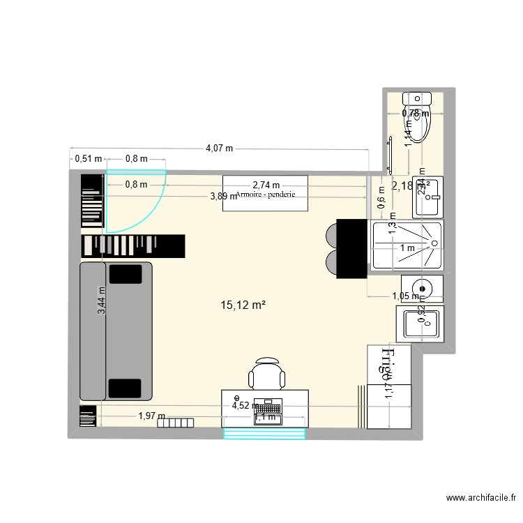 Saint Mederic meublé. Plan de 2 pièces et 17 m2