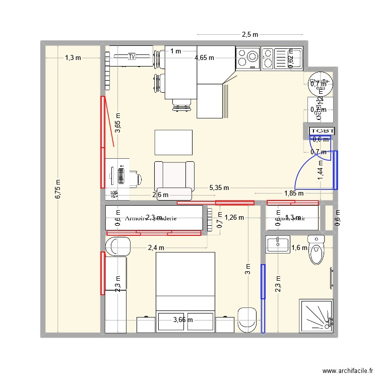 appart papa V2. Plan de 8 pièces et 43 m2