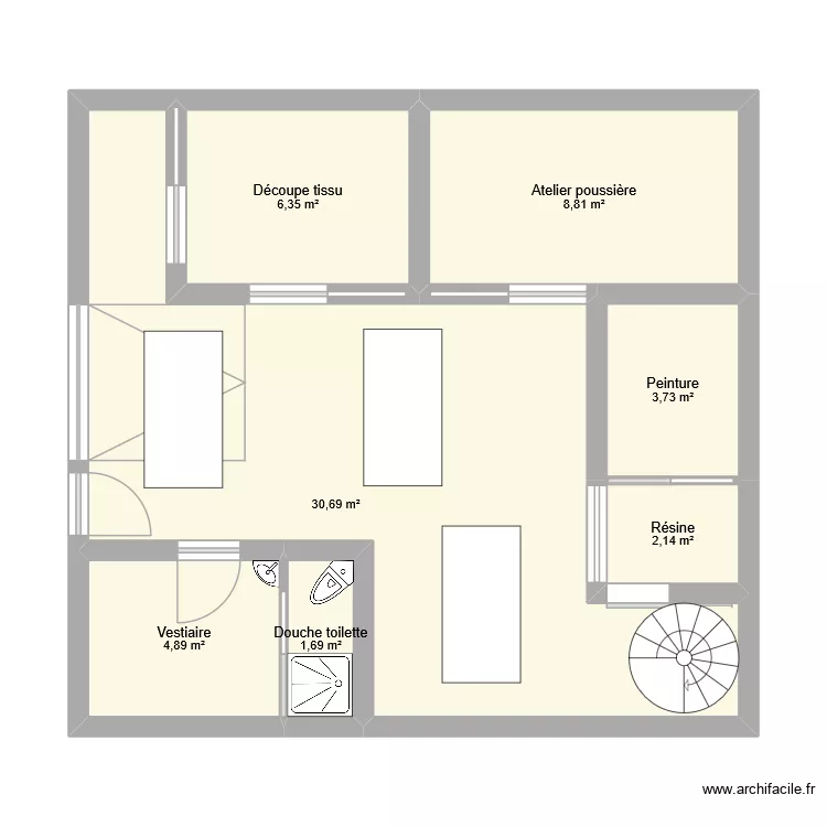 Plan d\'atelier Snowboard. Plan de 7  et 58 m²