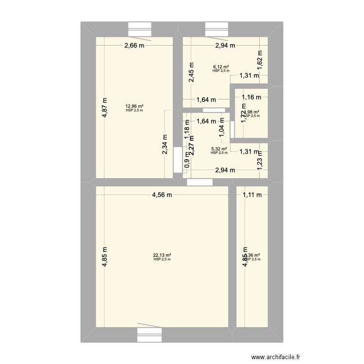 etage. Plan de 6 pièces et 54 m2
